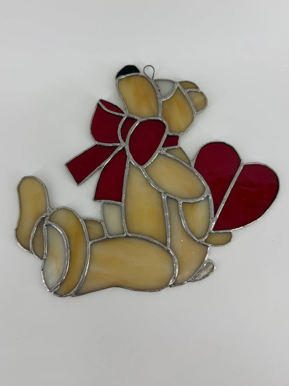 Vintage Stained Glass Bear Holding Heart Suncatcher Cream Red 8